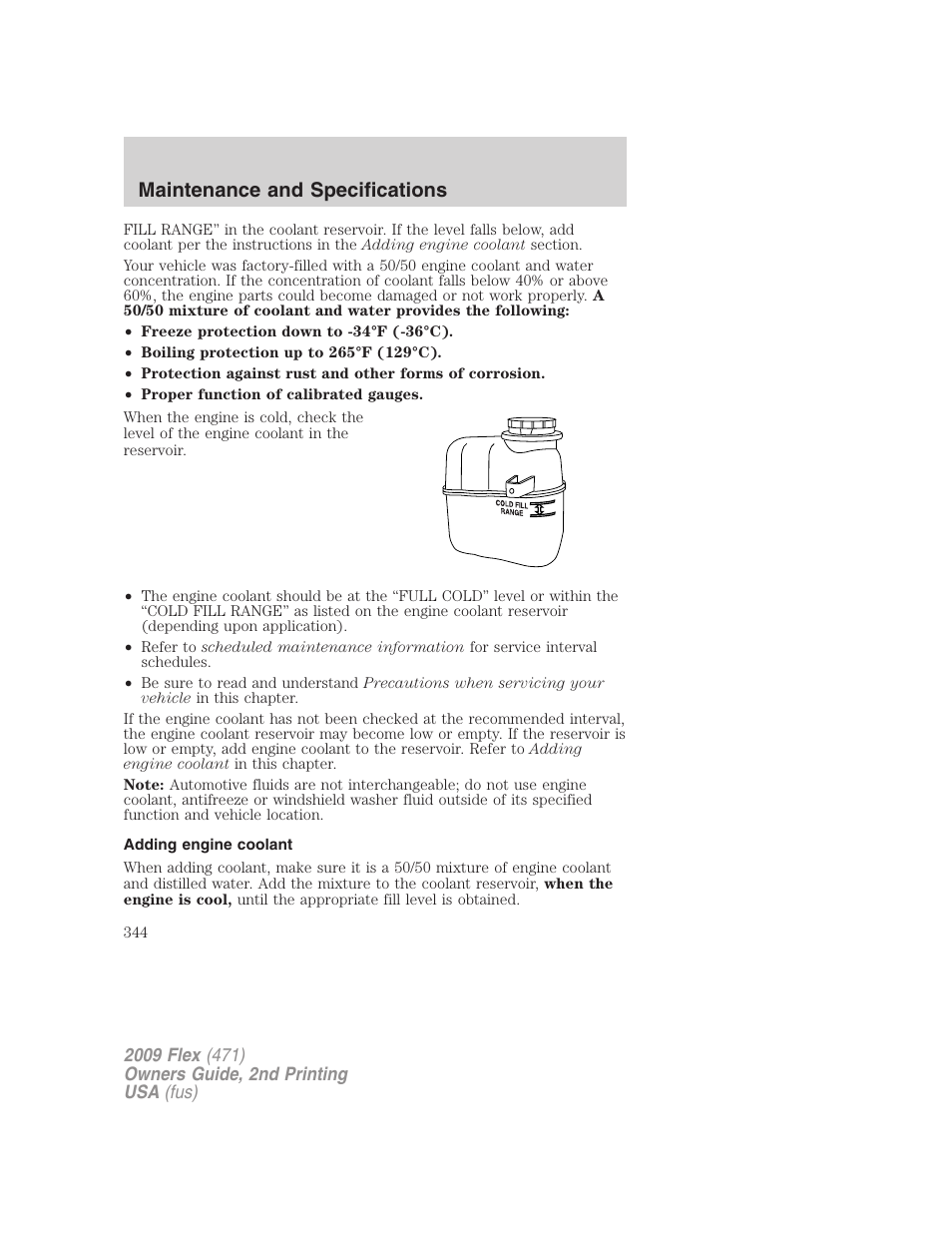 Adding engine coolant, Maintenance and specifications | FORD 2009 Flex v.2 User Manual | Page 344 / 378