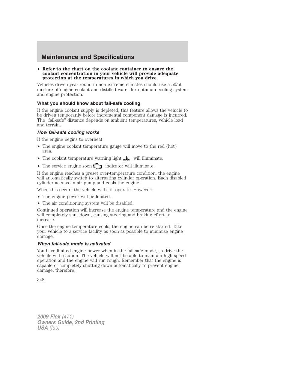 What you should know about fail-safe cooling, How fail-safe cooling works, When fail-safe mode is activated | Maintenance and specifications | FORD 2009 Flex v.2 User Manual | Page 348 / 378