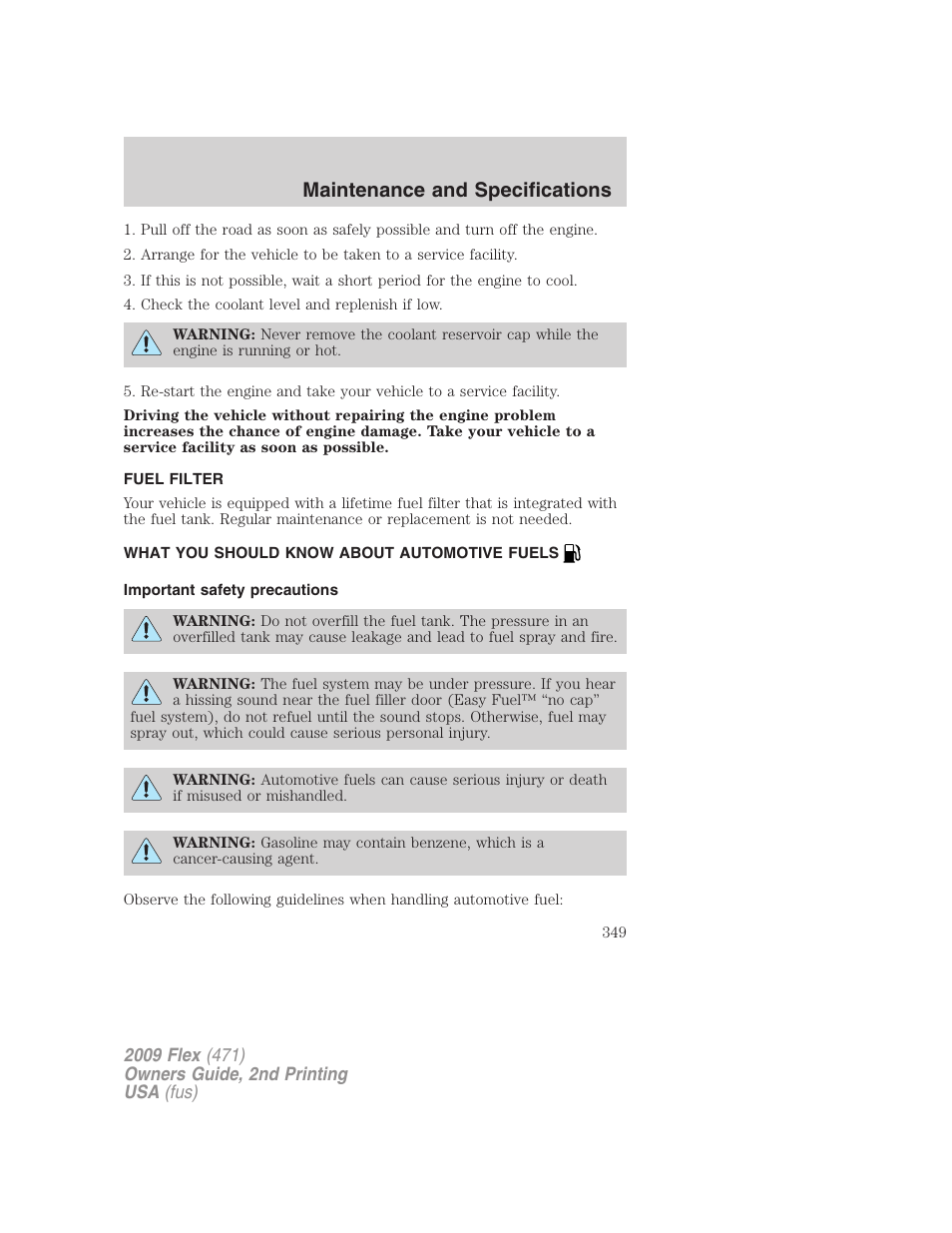 Fuel filter, What you should know about automotive fuels, Important safety precautions | Fuel information, Maintenance and specifications | FORD 2009 Flex v.2 User Manual | Page 349 / 378