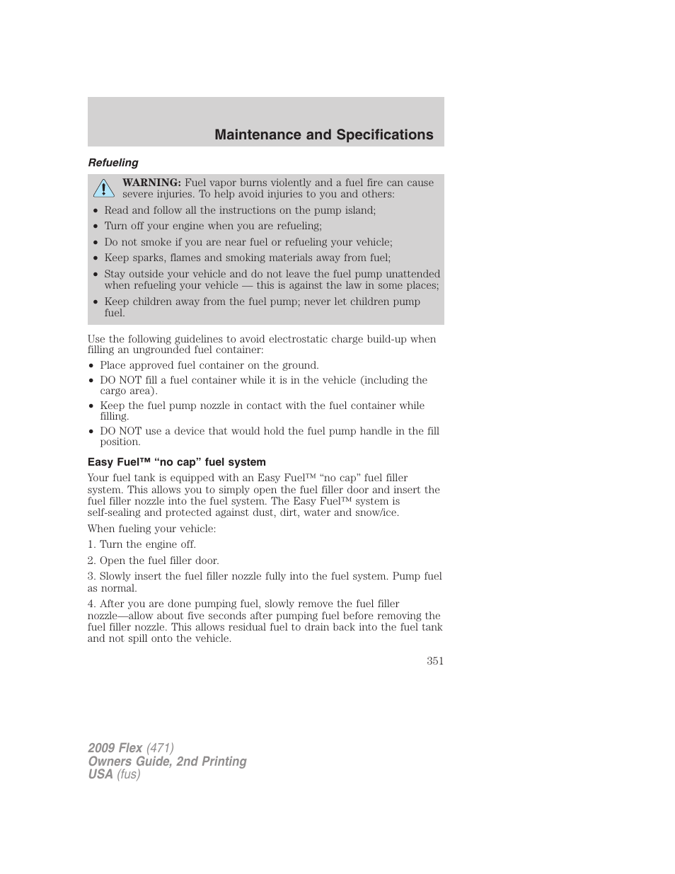 Refueling, Easy fuel™ “no cap” fuel system, Maintenance and specifications | FORD 2009 Flex v.2 User Manual | Page 351 / 378