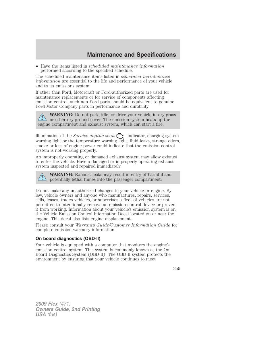 On board diagnostics (obd-ii), Maintenance and specifications | FORD 2009 Flex v.2 User Manual | Page 359 / 378