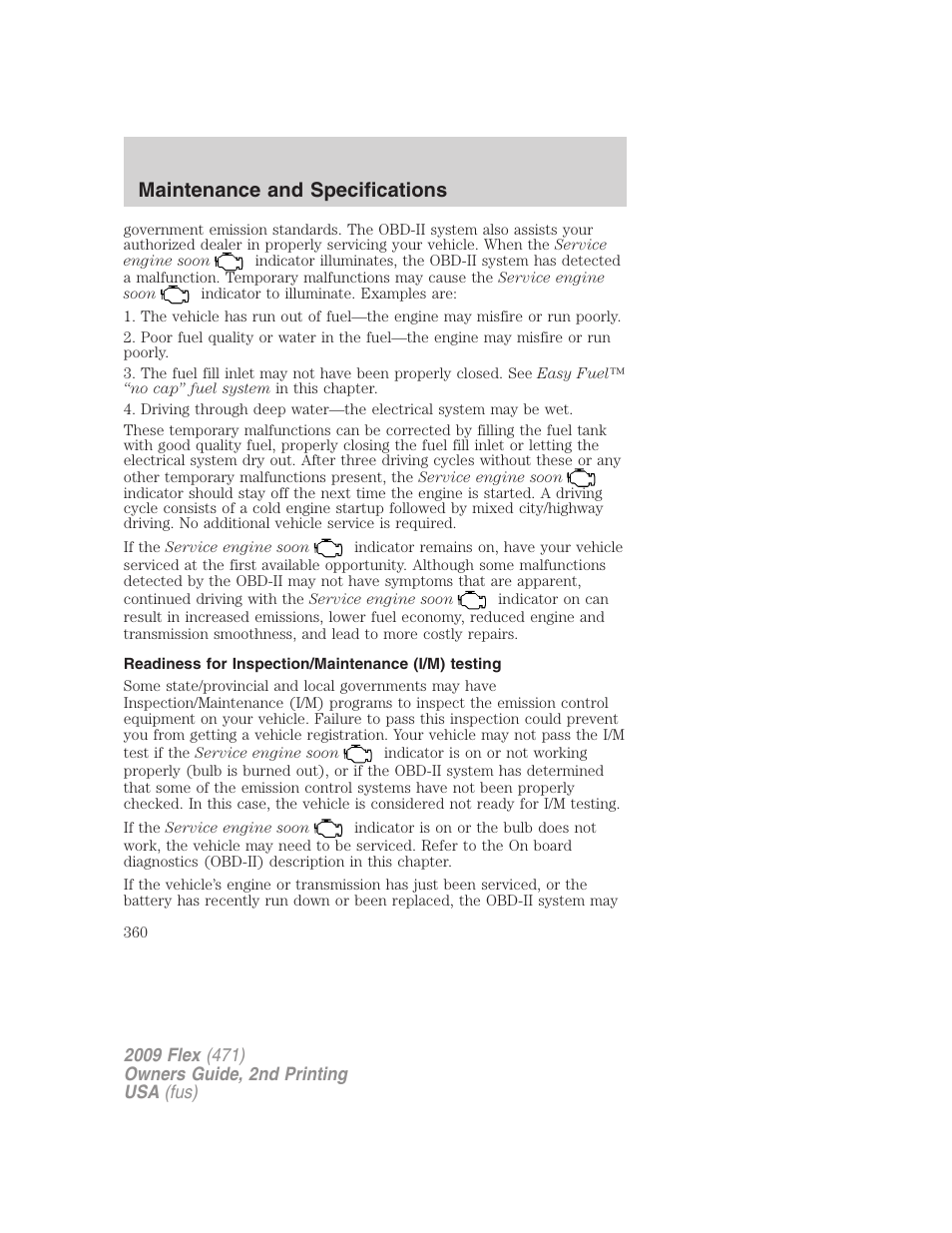Readiness for inspection/maintenance (i/m) testing, Maintenance and specifications | FORD 2009 Flex v.2 User Manual | Page 360 / 378