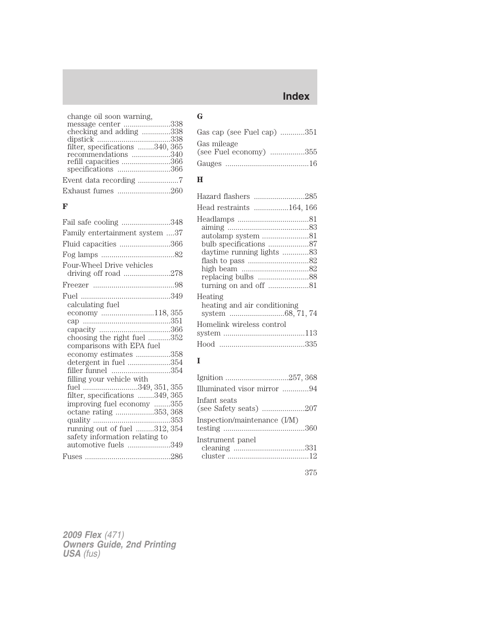 Index | FORD 2009 Flex v.2 User Manual | Page 375 / 378