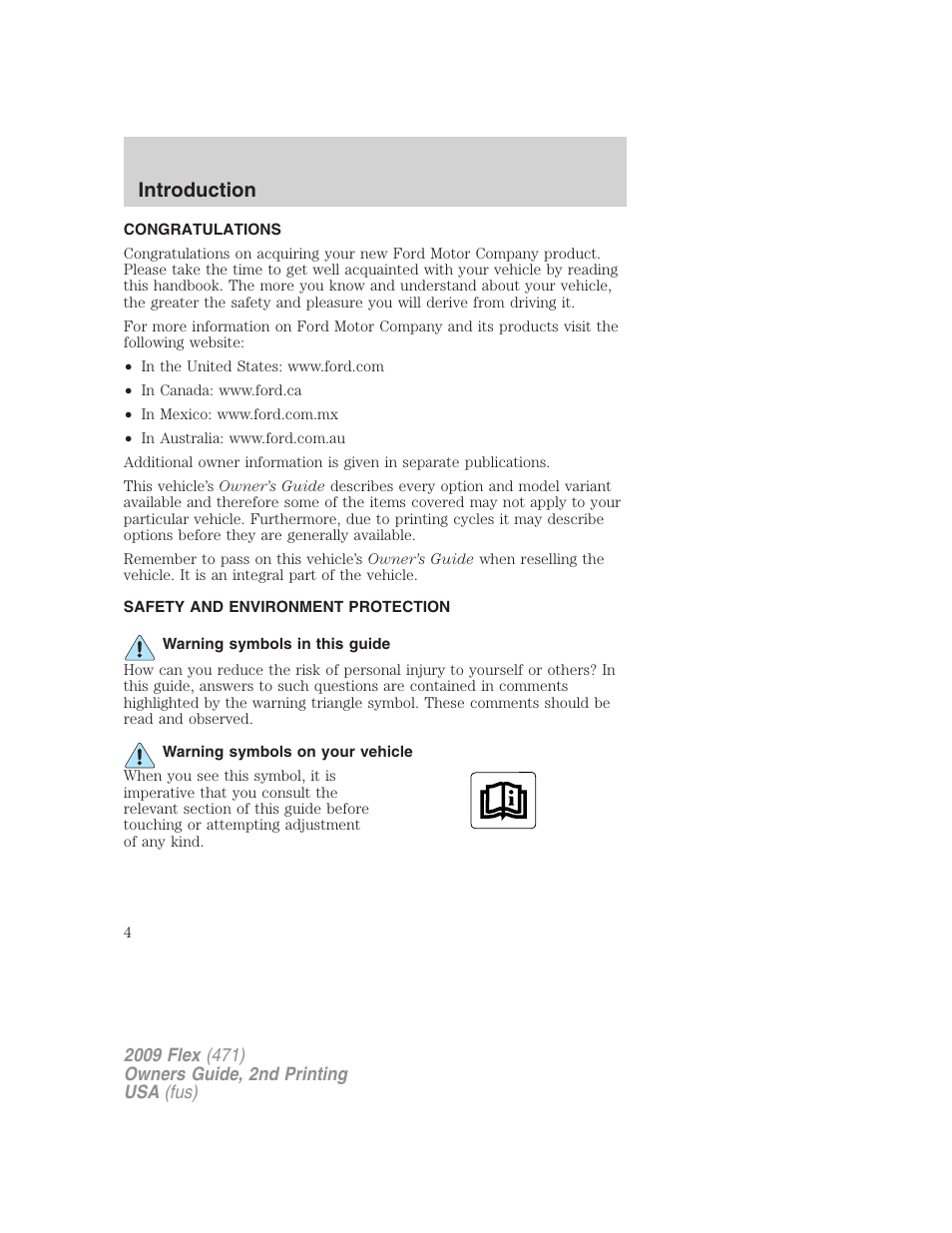 Introduction, Congratulations, Safety and environment protection | Warning symbols in this guide, Warning symbols on your vehicle | FORD 2009 Flex v.2 User Manual | Page 4 / 378