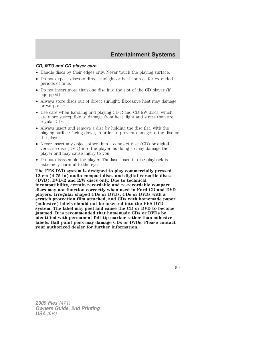 Cd, mp3 and cd player care, Entertainment systems | FORD 2009 Flex v.2 User Manual | Page 59 / 378