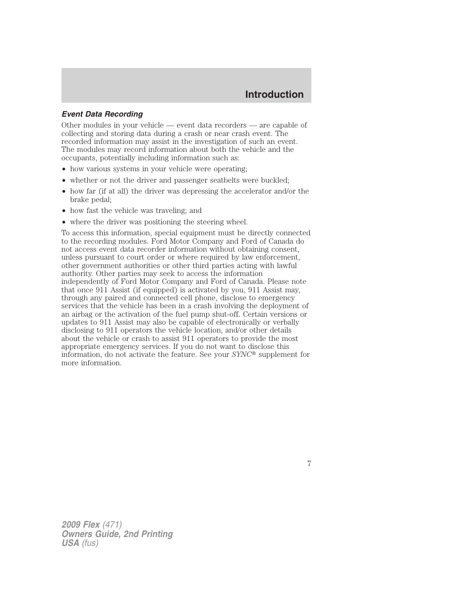 Event data recording, Introduction | FORD 2009 Flex v.2 User Manual | Page 7 / 378