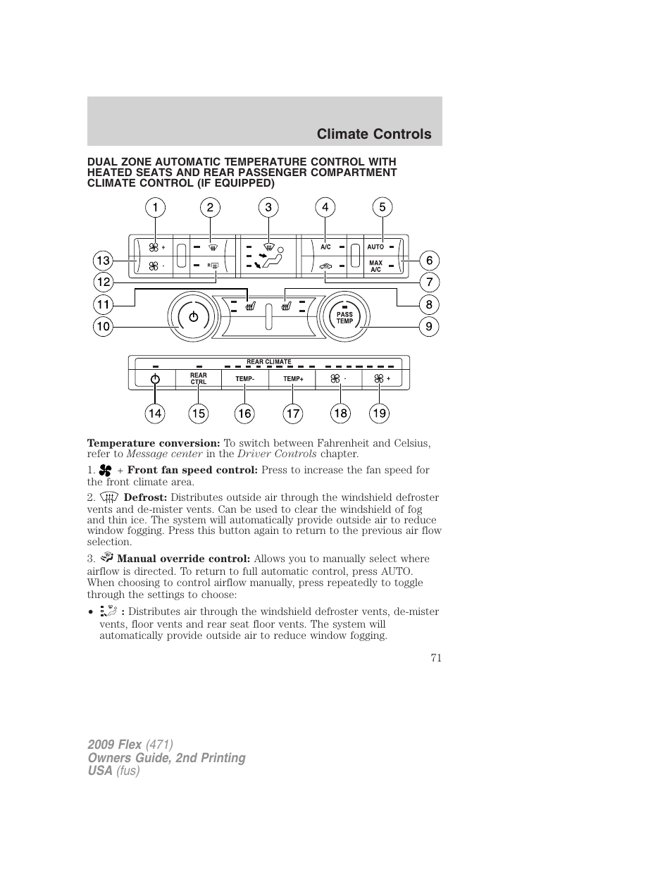 Dual electronic automatic temperature control, Climate controls | FORD 2009 Flex v.2 User Manual | Page 71 / 378
