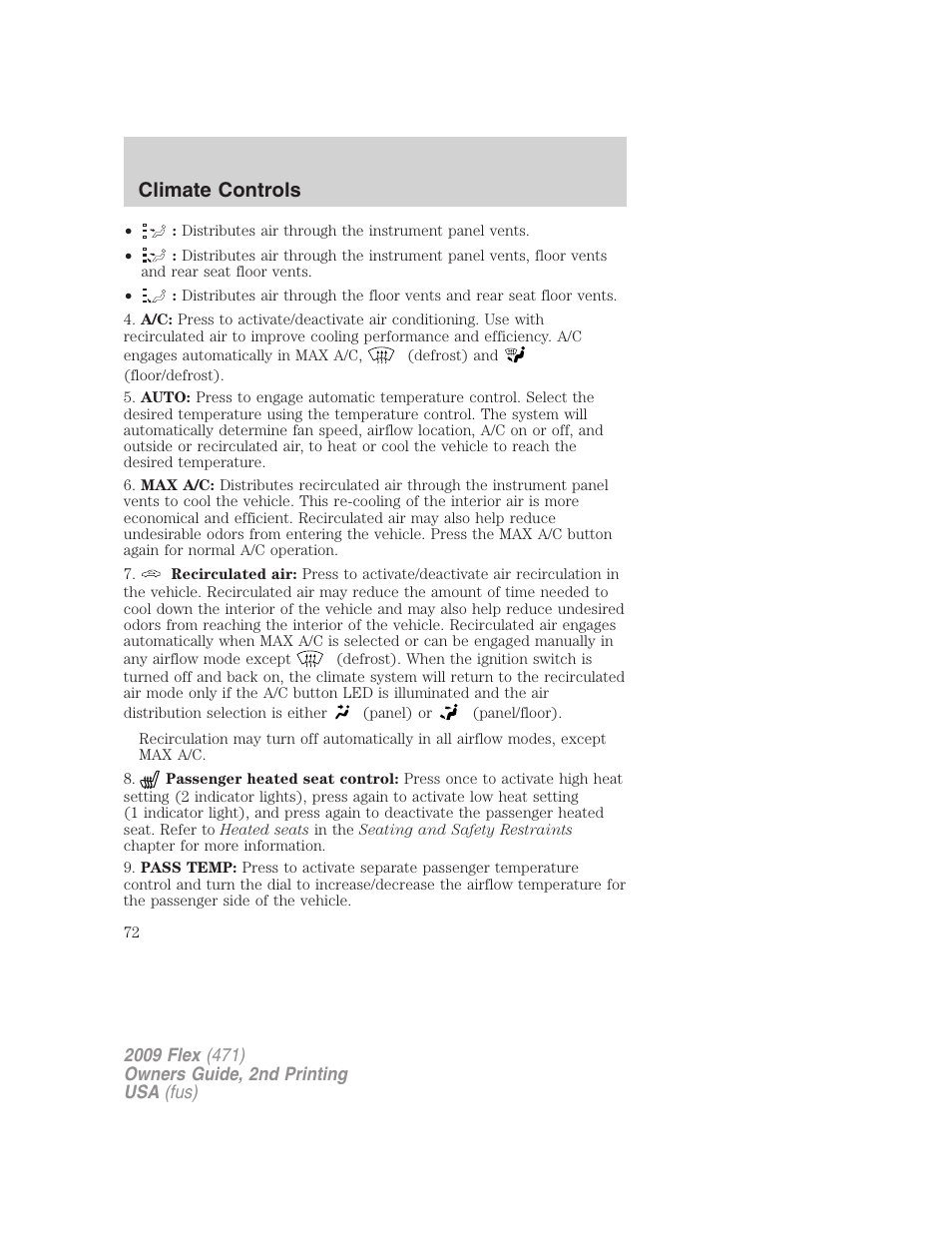 Climate controls | FORD 2009 Flex v.2 User Manual | Page 72 / 378