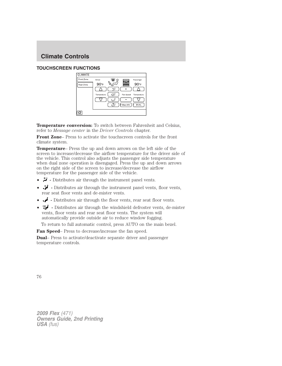 Touchscreen functions, Climate controls | FORD 2009 Flex v.2 User Manual | Page 76 / 378