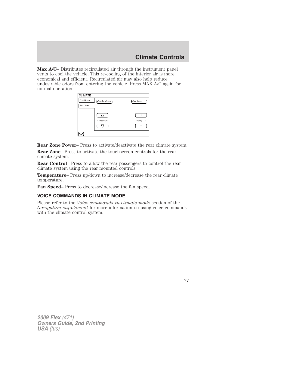 Voice commands in climate mode, Climate controls | FORD 2009 Flex v.2 User Manual | Page 77 / 378