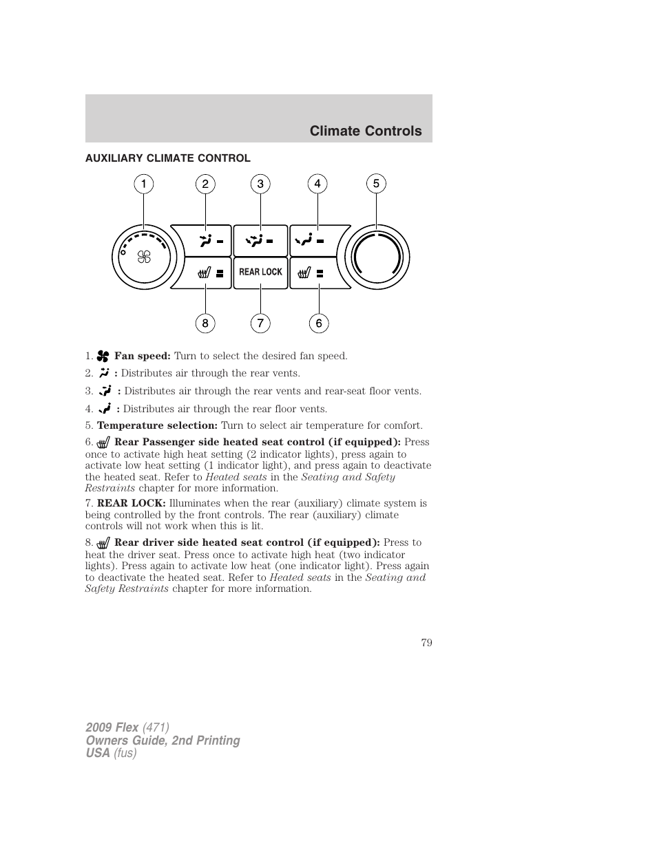 Auxiliary climate control, Climate controls | FORD 2009 Flex v.2 User Manual | Page 79 / 378