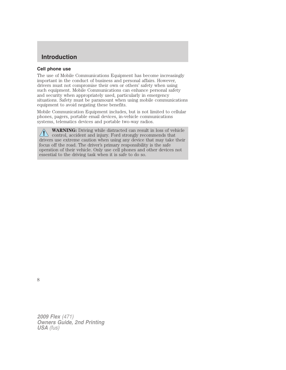 Cell phone use, Introduction | FORD 2009 Flex v.2 User Manual | Page 8 / 378