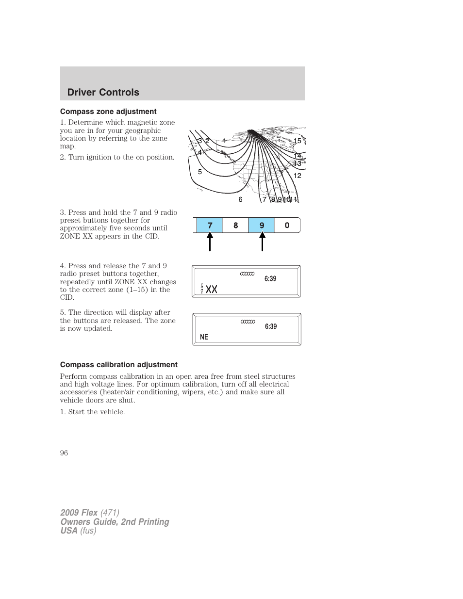 Compass zone adjustment, Compass calibration adjustment, Driver controls | FORD 2009 Flex v.2 User Manual | Page 96 / 378