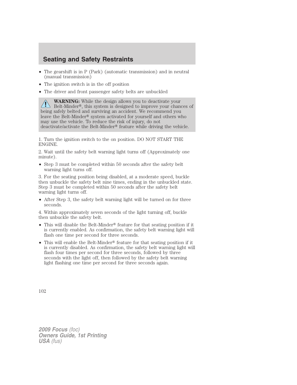 Seating and safety restraints | FORD 2009 Focus v.1 User Manual | Page 102 / 276