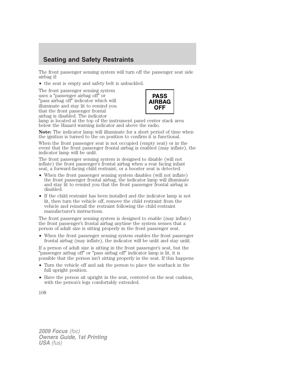 Seating and safety restraints | FORD 2009 Focus v.1 User Manual | Page 108 / 276