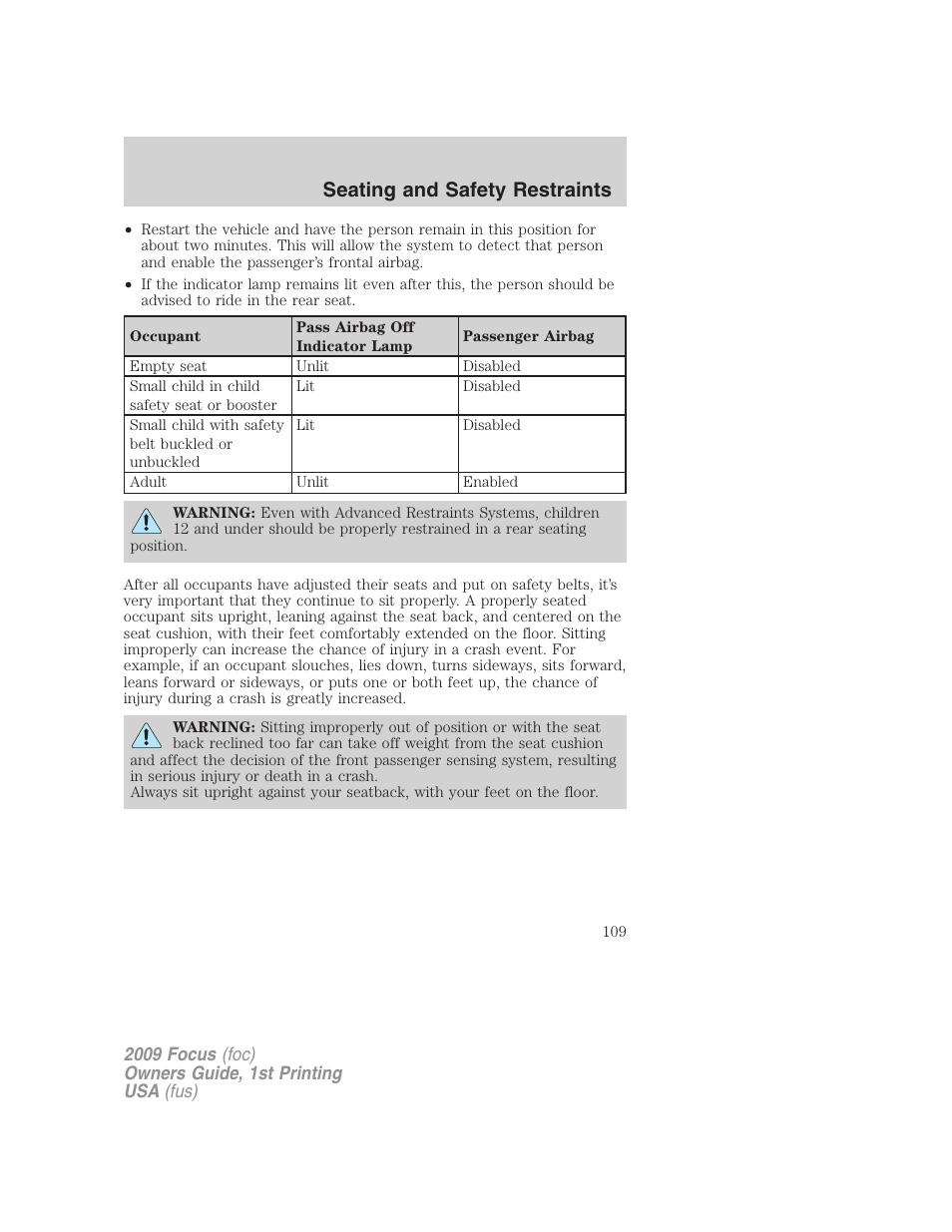 Seating and safety restraints | FORD 2009 Focus v.1 User Manual | Page 109 / 276