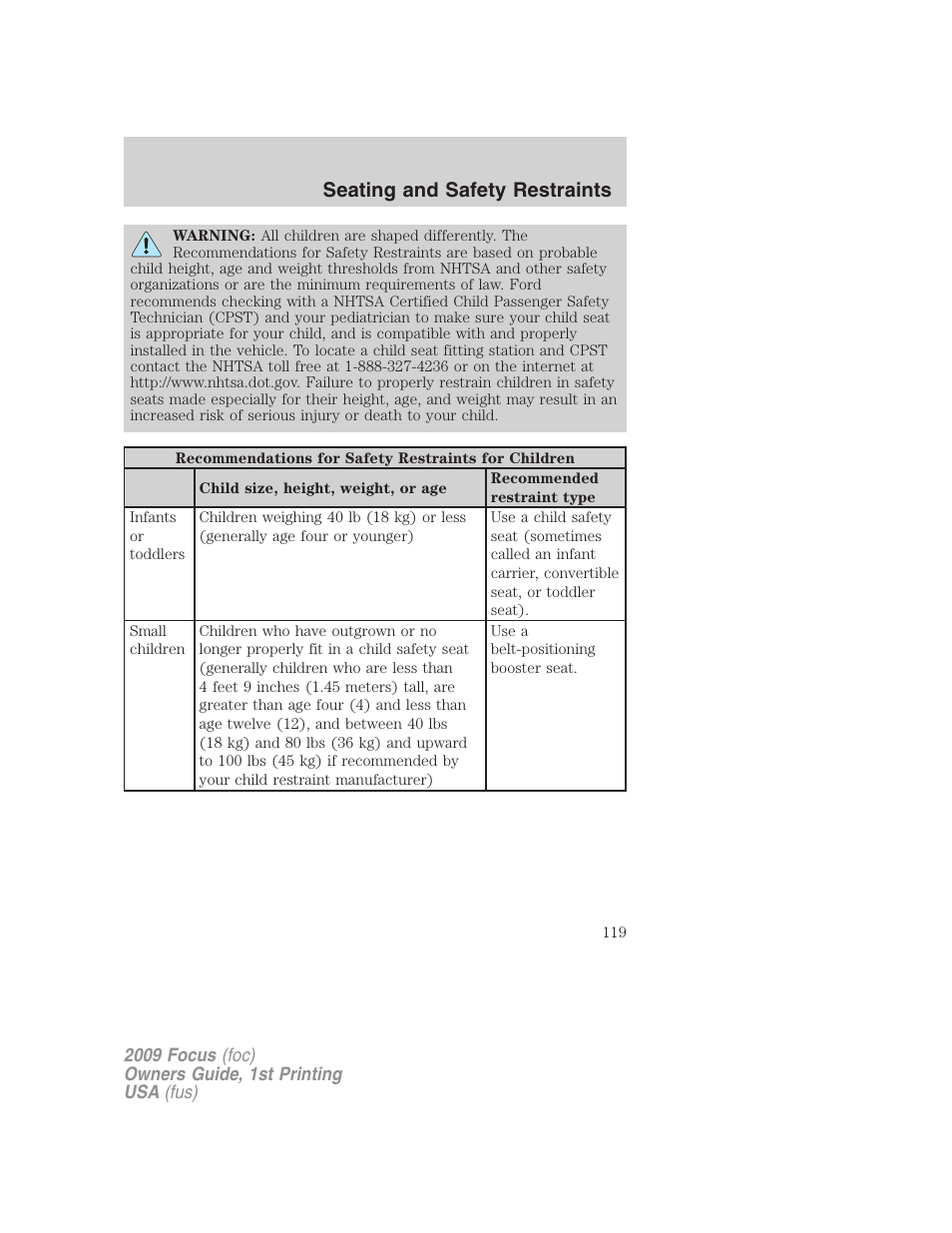 Seating and safety restraints | FORD 2009 Focus v.1 User Manual | Page 119 / 276