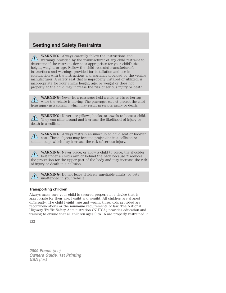 Transporting children, Seating and safety restraints | FORD 2009 Focus v.1 User Manual | Page 122 / 276