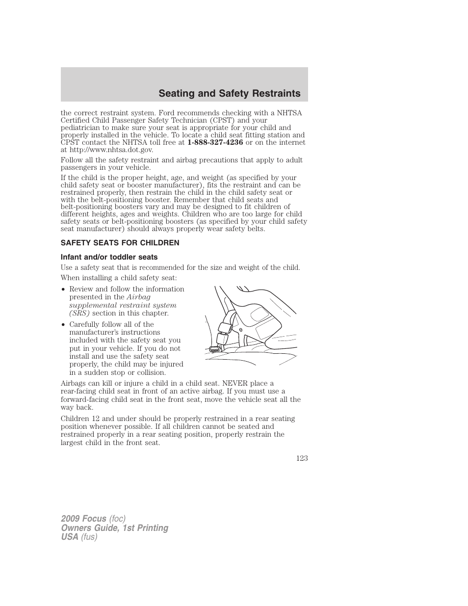 Safety seats for children, Infant and/or toddler seats, Seating and safety restraints | FORD 2009 Focus v.1 User Manual | Page 123 / 276