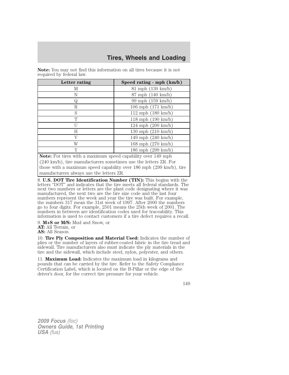 Tires, wheels and loading | FORD 2009 Focus v.1 User Manual | Page 149 / 276