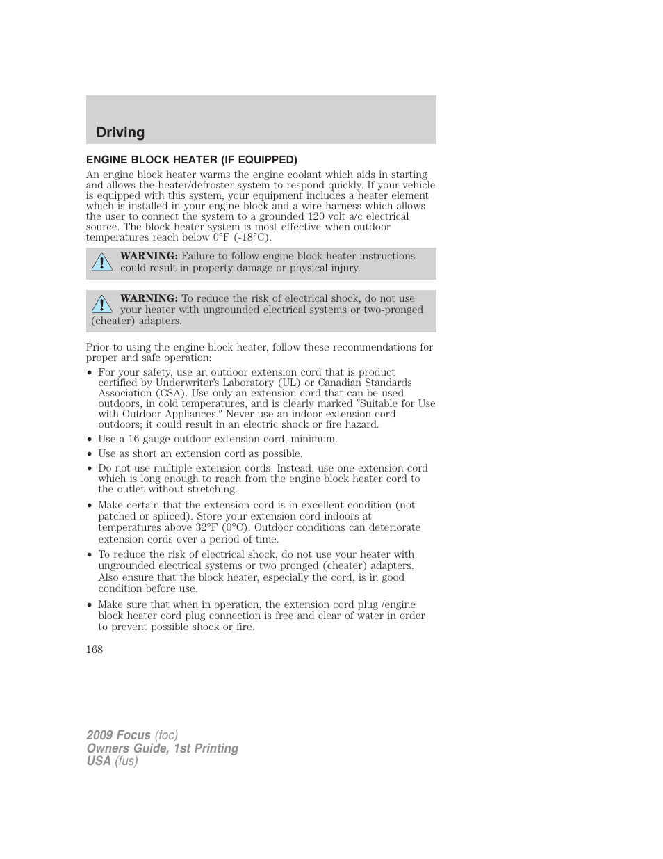 Engine block heater (if equipped), Driving | FORD 2009 Focus v.1 User Manual | Page 168 / 276