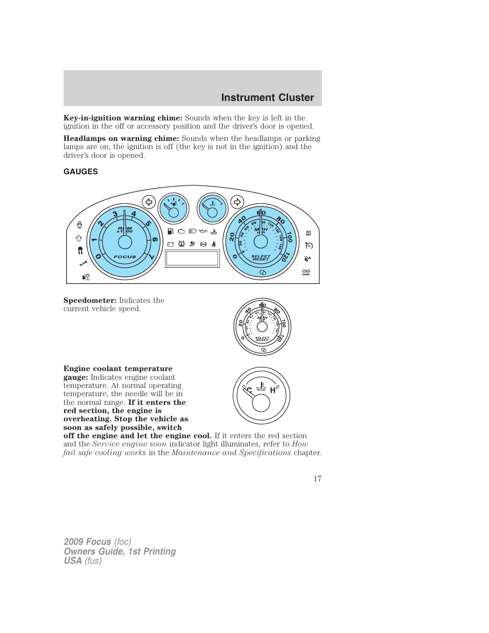 Gauges, Instrument cluster | FORD 2009 Focus v.1 User Manual | Page 17 / 276