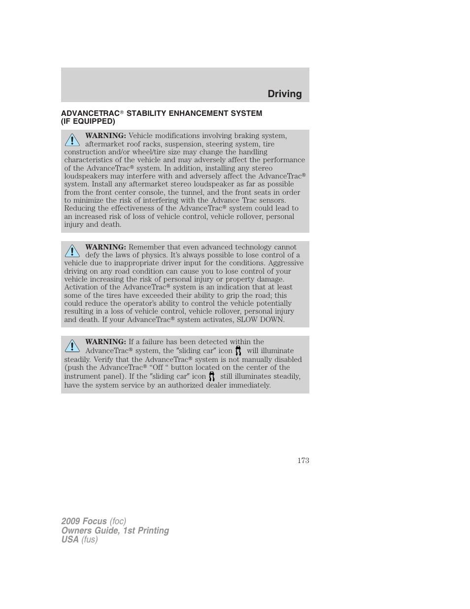 Advancetrac, Driving | FORD 2009 Focus v.1 User Manual | Page 173 / 276