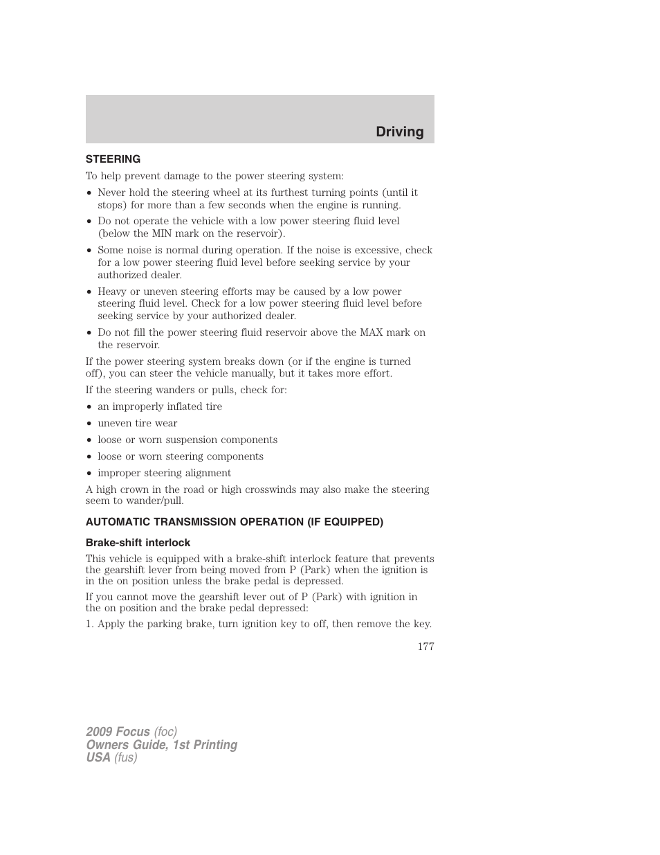 Steering, Automatic transmission operation (if equipped), Brake-shift interlock | Transmission operation, Driving | FORD 2009 Focus v.1 User Manual | Page 177 / 276