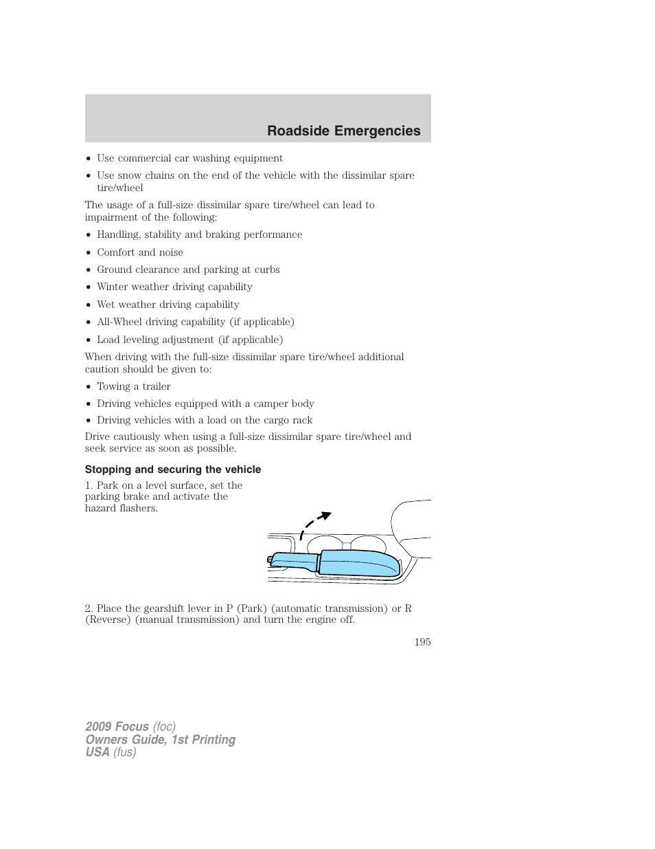 Stopping and securing the vehicle, Roadside emergencies | FORD 2009 Focus v.1 User Manual | Page 195 / 276