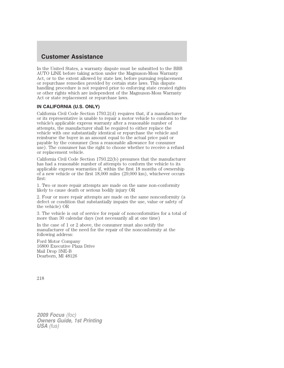 In california (u.s. only), Customer assistance | FORD 2009 Focus v.1 User Manual | Page 218 / 276