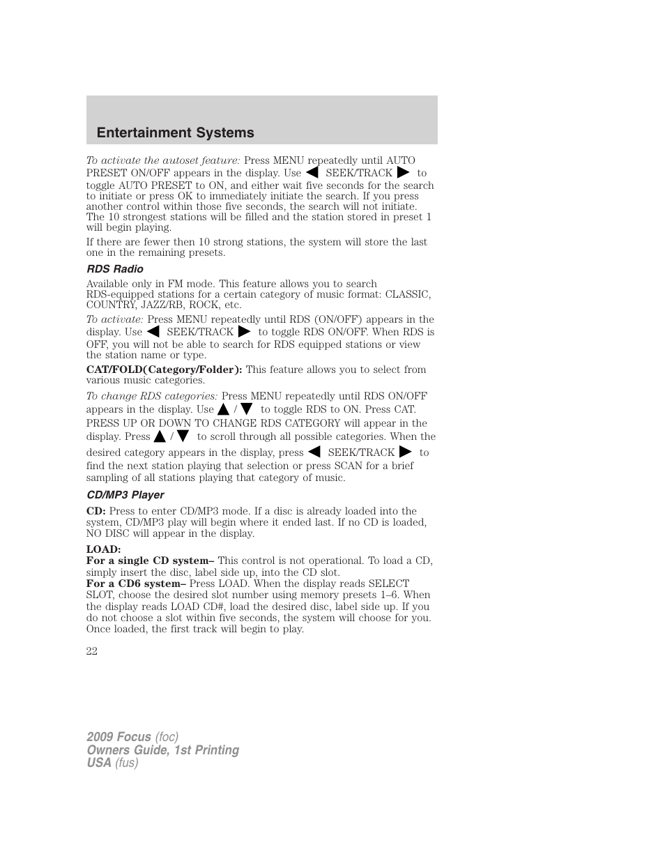 Rds radio, Cd/mp3 player, Entertainment systems | FORD 2009 Focus v.1 User Manual | Page 22 / 276