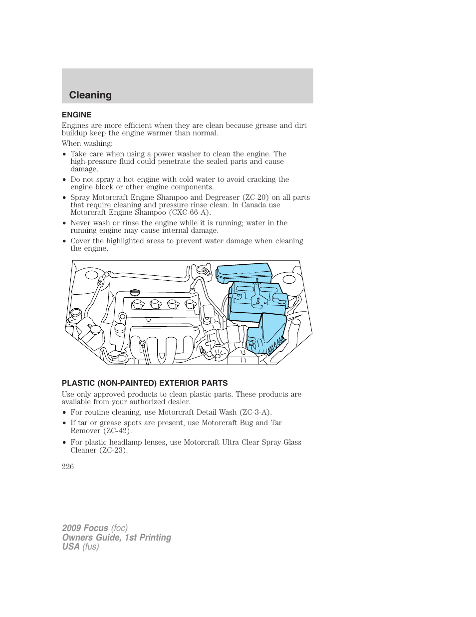 Engine, Plastic (non-painted) exterior parts, Cleaning | FORD 2009 Focus v.1 User Manual | Page 226 / 276