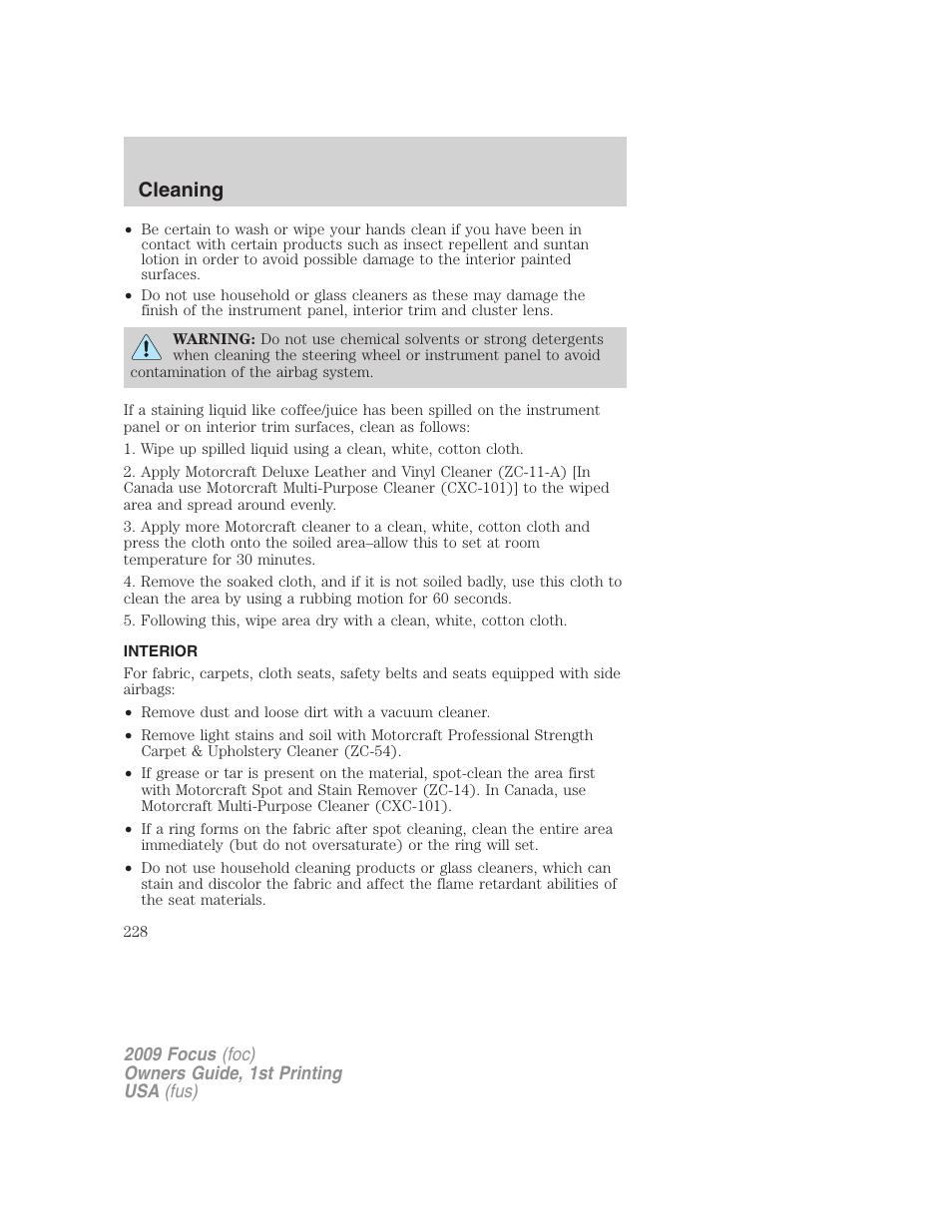 Interior, Cleaning | FORD 2009 Focus v.1 User Manual | Page 228 / 276