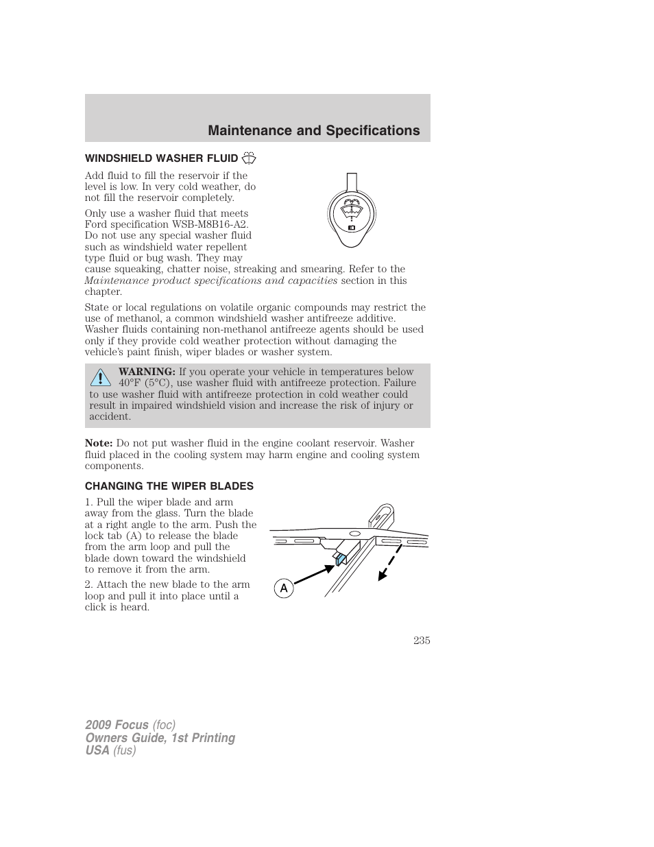 Windshield washer fluid, Changing the wiper blades, Maintenance and specifications | FORD 2009 Focus v.1 User Manual | Page 235 / 276