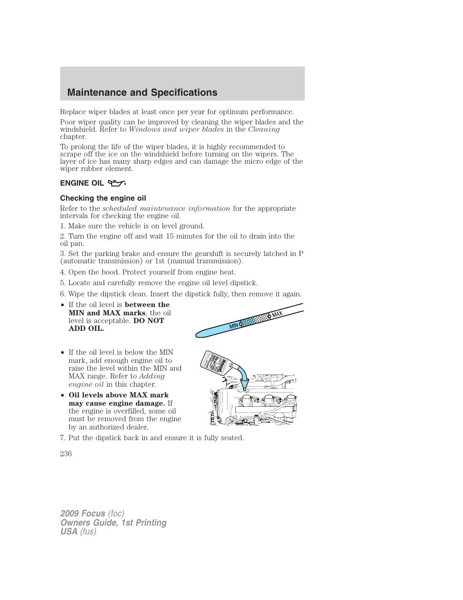 Engine oil, Checking the engine oil, Maintenance and specifications | FORD 2009 Focus v.1 User Manual | Page 236 / 276