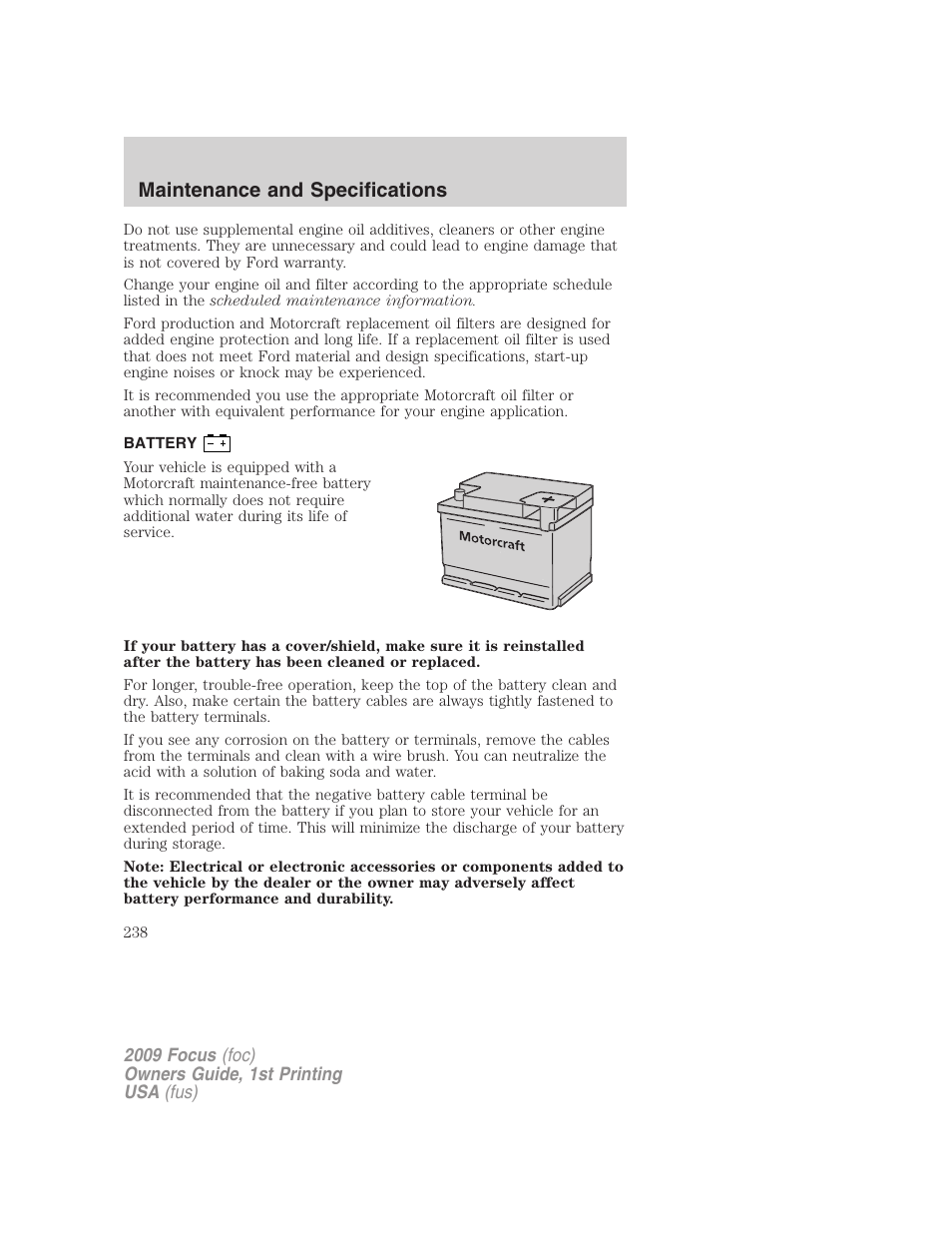 Battery, Maintenance and specifications | FORD 2009 Focus v.1 User Manual | Page 238 / 276