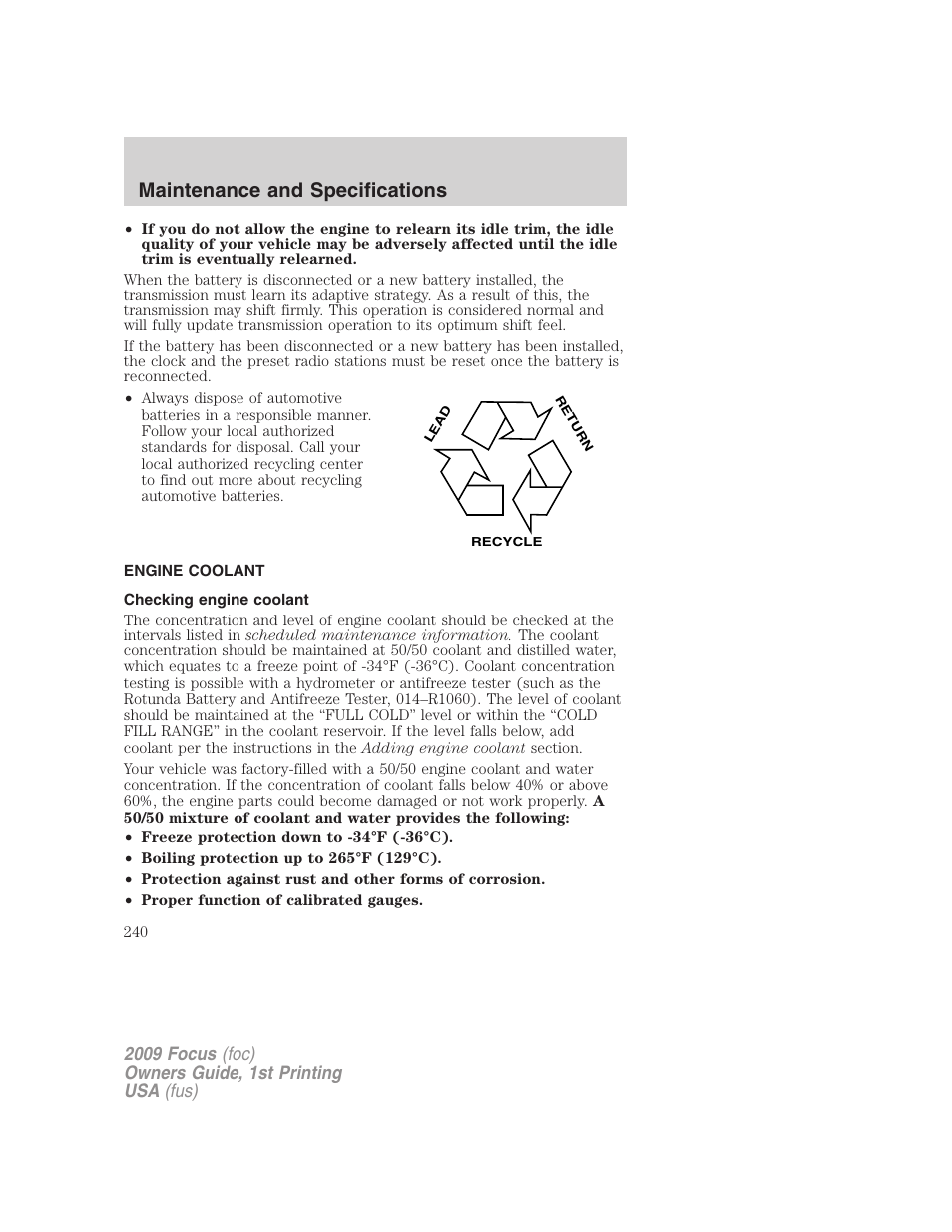 Engine coolant, Checking engine coolant, Maintenance and specifications | FORD 2009 Focus v.1 User Manual | Page 240 / 276