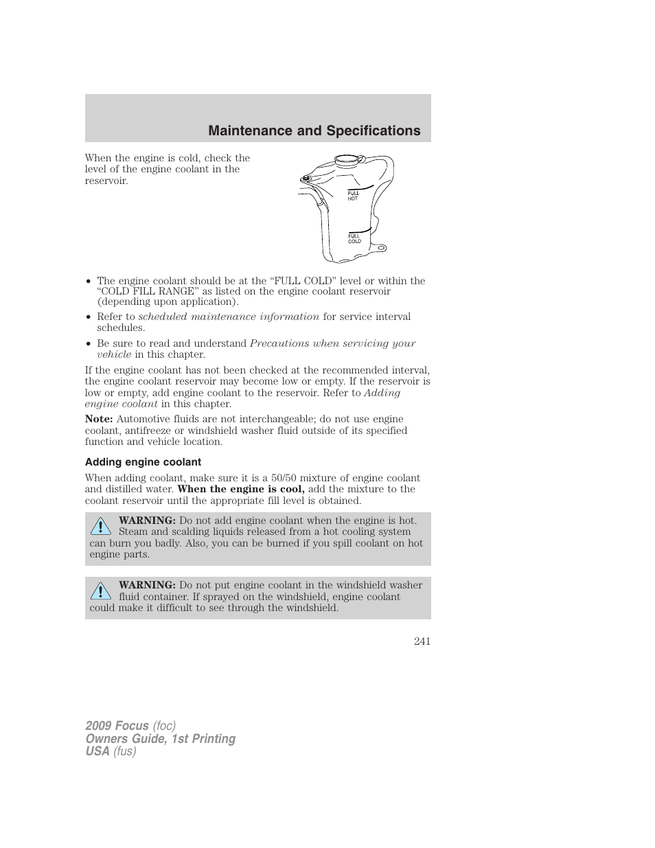 Adding engine coolant, Maintenance and specifications | FORD 2009 Focus v.1 User Manual | Page 241 / 276