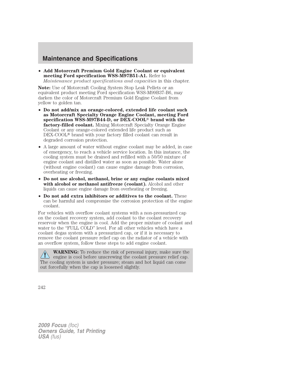 Maintenance and specifications | FORD 2009 Focus v.1 User Manual | Page 242 / 276
