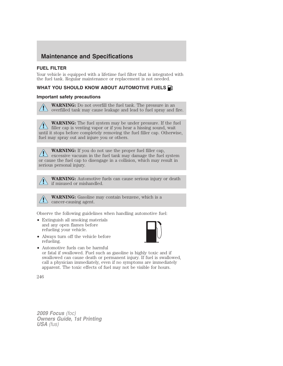 Fuel filter, What you should know about automotive fuels, Important safety precautions | Fuel information, Maintenance and specifications | FORD 2009 Focus v.1 User Manual | Page 246 / 276