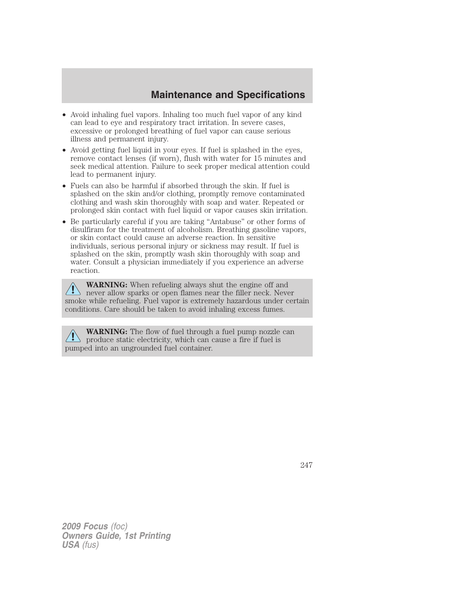 Maintenance and specifications | FORD 2009 Focus v.1 User Manual | Page 247 / 276