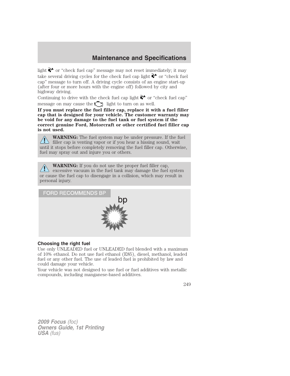 Choosing the right fuel, Maintenance and specifications | FORD 2009 Focus v.1 User Manual | Page 249 / 276