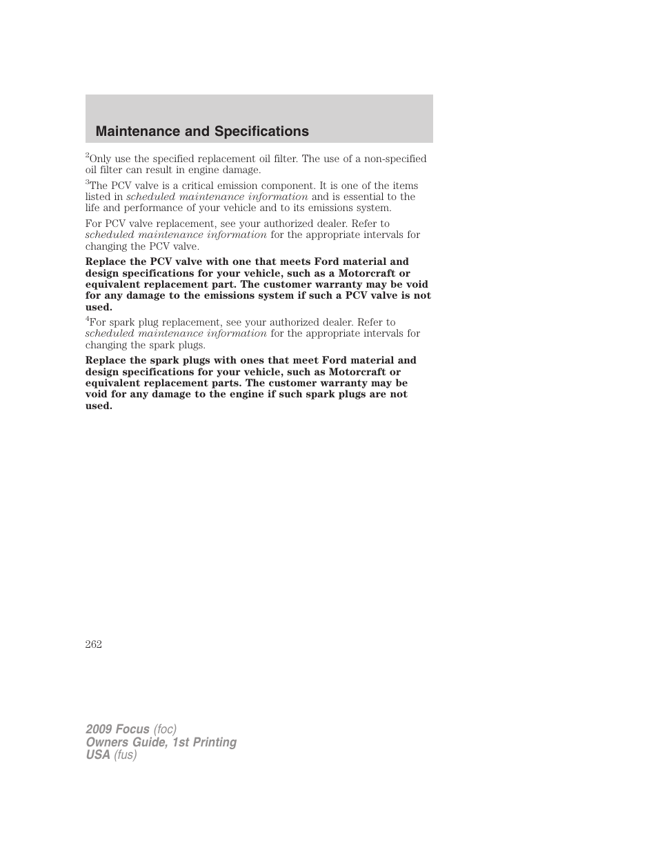 Maintenance and specifications | FORD 2009 Focus v.1 User Manual | Page 262 / 276