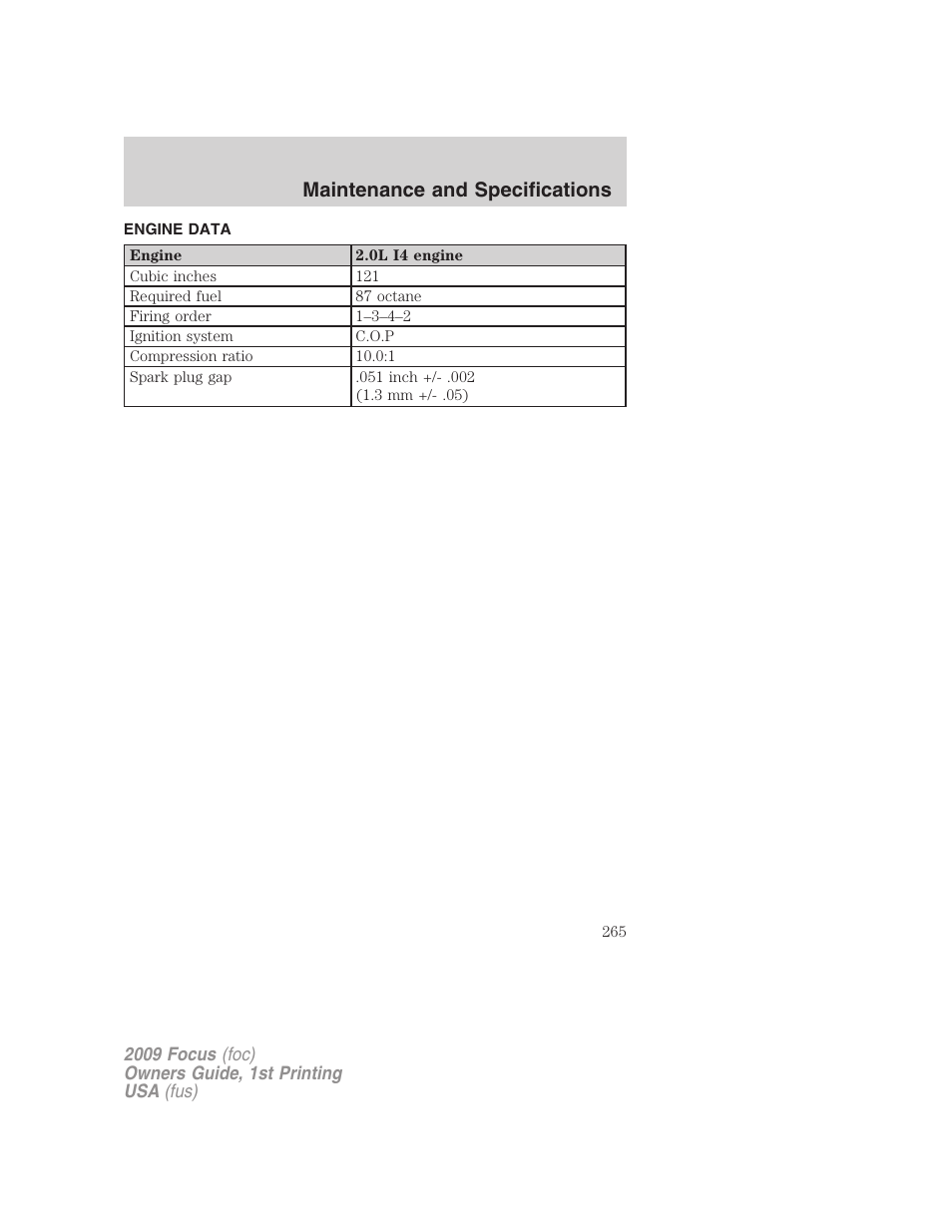 Engine data, Maintenance and specifications | FORD 2009 Focus v.1 User Manual | Page 265 / 276