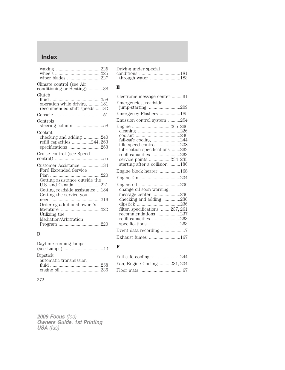 Index | FORD 2009 Focus v.1 User Manual | Page 272 / 276