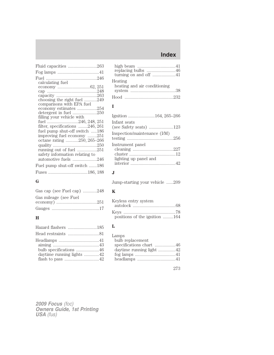 Index | FORD 2009 Focus v.1 User Manual | Page 273 / 276
