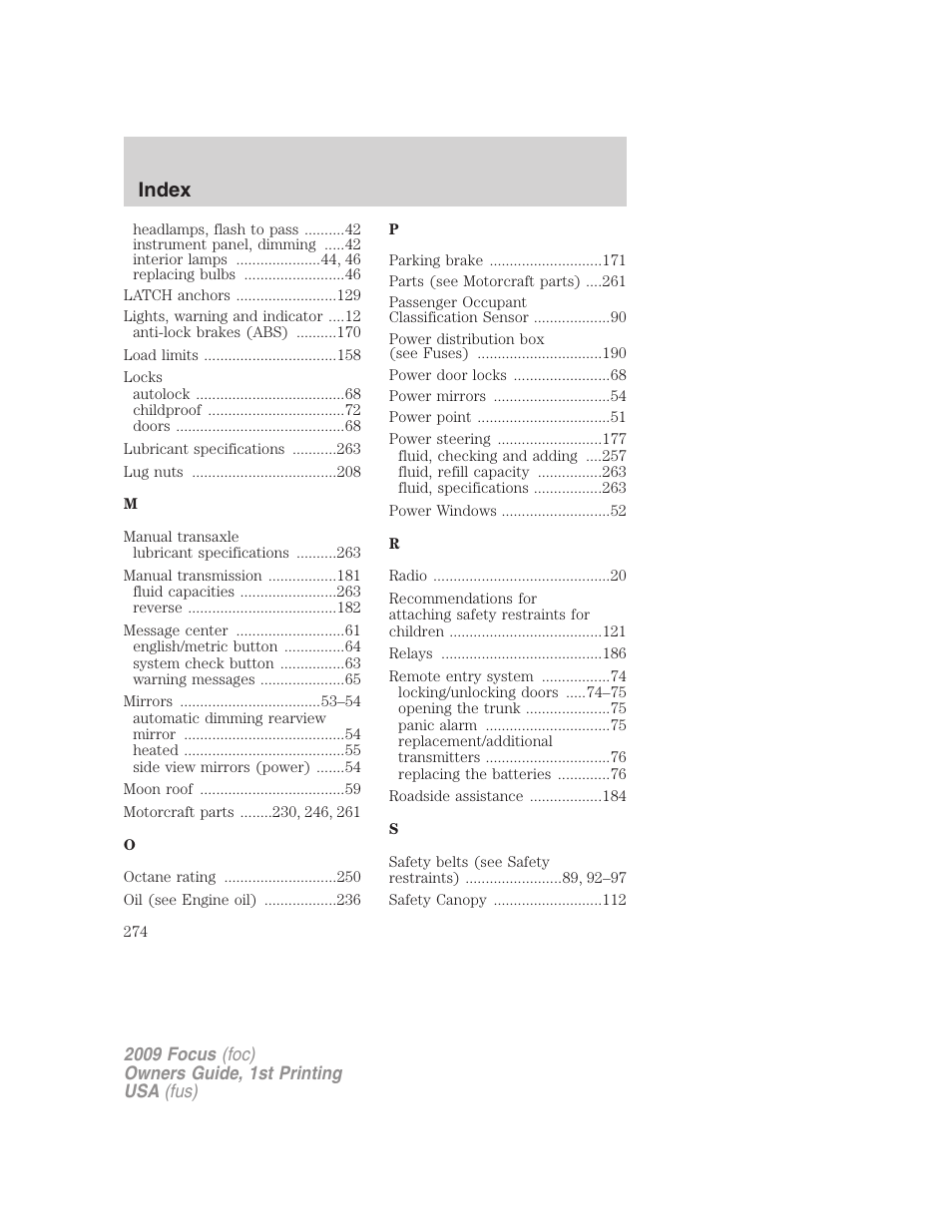 Index | FORD 2009 Focus v.1 User Manual | Page 274 / 276