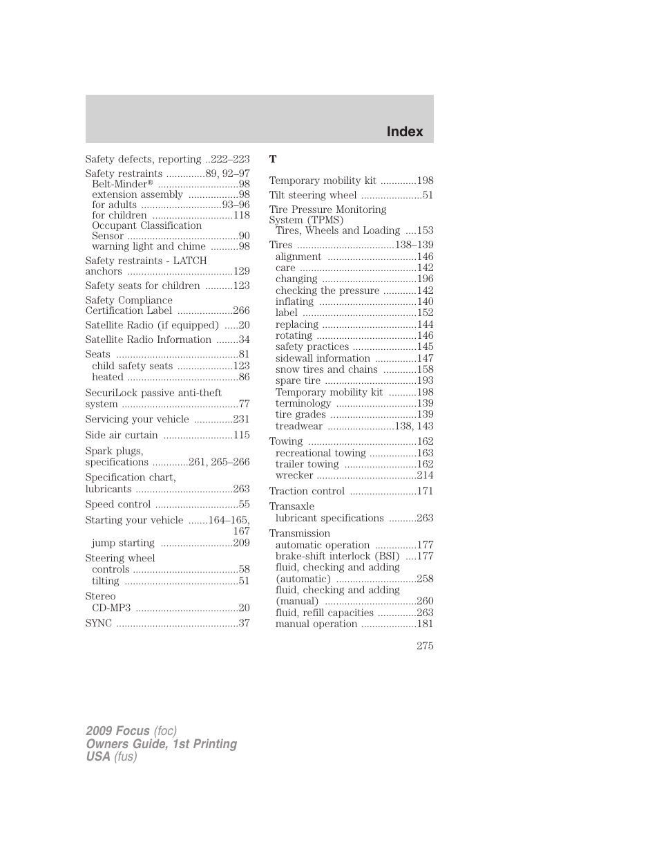 Index | FORD 2009 Focus v.1 User Manual | Page 275 / 276