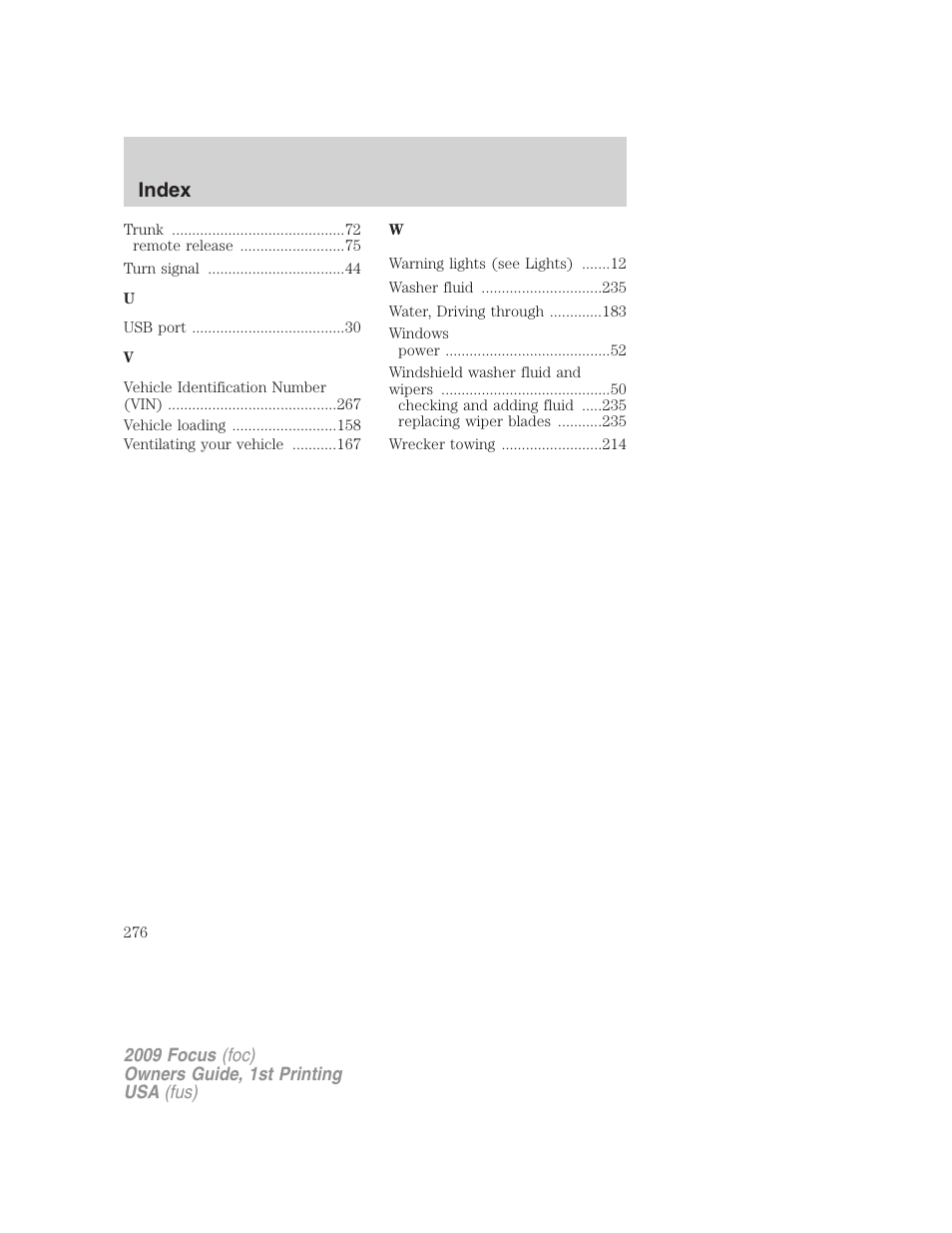 Index | FORD 2009 Focus v.1 User Manual | Page 276 / 276