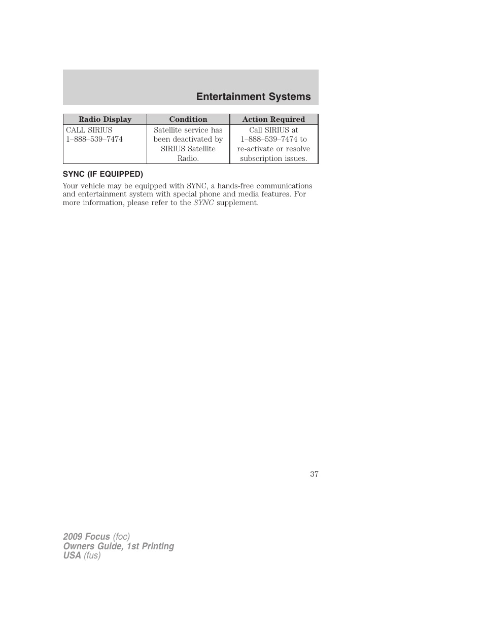 Sync (if equipped), Sync, Entertainment systems | FORD 2009 Focus v.1 User Manual | Page 37 / 276